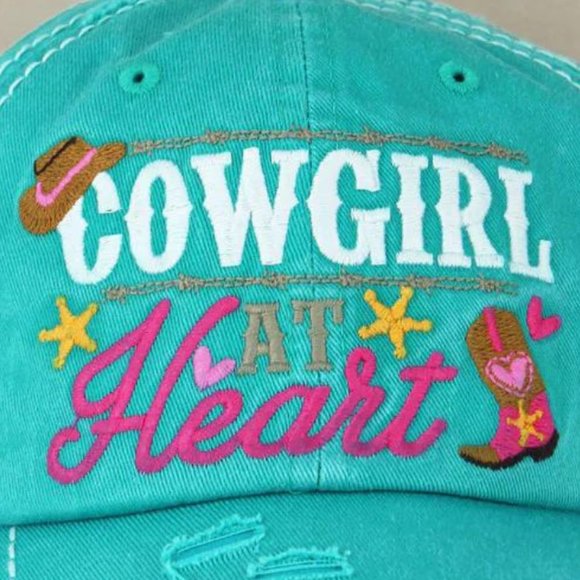 KBETHOS Cowgirl At Heart Distressed Ball Cap Hat Teal NWT - Picture 2 of 4